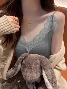女士蕾丝吊带背心，V领蕾丝拼接针织上衣，适合返校季休闲夏季穿着 - 灰色 - 查看 3