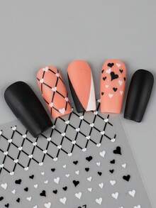 2pcs Black White Heart Nail Stickers Decals Grid Line Charms Valentines Day Nail Art Decals Self-Adhesive Sliders Foils French Tips DIY Manicure Nail Decorations - Black and White - View 9