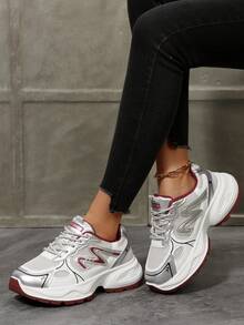女士厚底舒适系带软底透气休闲运动鞋，混色拼接户外学生厚底运动鞋 - 紅色 - 查看 2