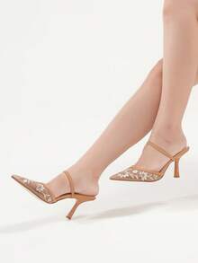 Sandálias femininas brilhantes e sensuais de salto alto com strass, elegantes e modernas, em malha respirável com bordado floral, bico fino e salto alto branco. Perfeitas para uso diário, casamentos, formaturas e férias. Sapatos glamorosos e distintos, ideais para o Halloween, Natal, outono, baladas, festas noturnas e mules. - Damasco - Ver 3