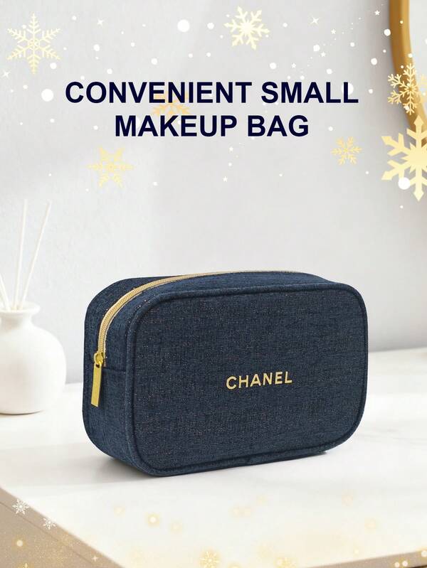 CHANEL Christmas Navy Blue Tweed Cosmetic Pouch, Zippered Closure With Gold Foil Logo, Travel Toiletry Bag