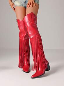 Women's Fringe Pointed Toe Thigh High Western Cowboy Boots Fashion Rivet Chunky High Heels Side Zipper Vintage Over The Knee Cowgril Boots For Woman - 紅色 - 查看 4