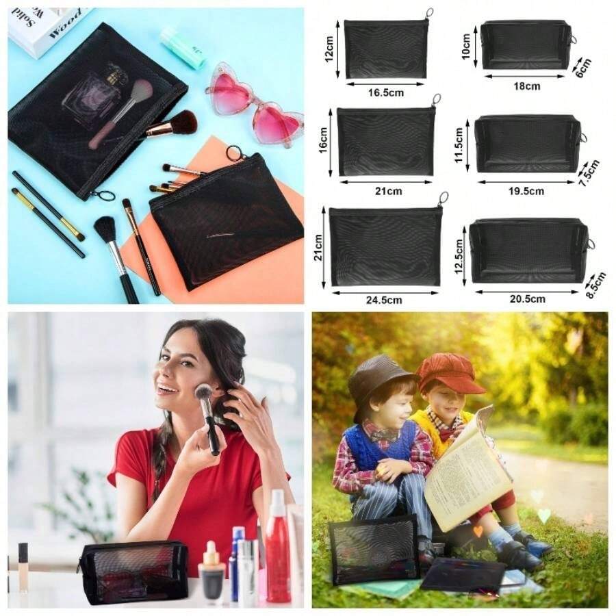 6 Bolsas de Malla para Maquillaje Bolsa de Malla para Cosmticos Bolsa de Viaje Porttil con Cremallera para Organizar Bolsas de Maquillaje para Artculos de Tocador para Hogar Accesorios Negro - Negro - Ver 1