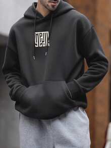 Minimalist Men Letter Print Dropped Shoulder Long Sleeve Casual Hoodie | Perfect Pairing For Fresh And Simple Look - Dark Grey - View 3