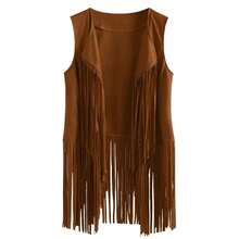 Womens Vintage Western Fringe Vest Tops Classic Suede Vest Sleeveless Tassels Cardigan Jackets - 卡其色 - 查看 4
