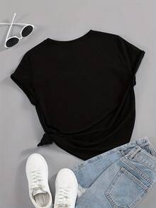 Women's Black Heart Letter Pattern T-Shirt - Middle Eastern Style Round Neck Summer Top With Cursive And Heart Design, Machine Washable Casual Style, Non-Transparent Fabric 180g 100% Cotton - 黑色 - 查看 2