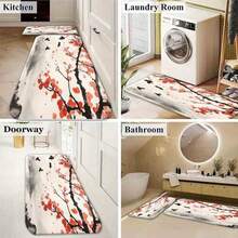 1PC Rectangula Floor Mat--East Asian Sumi-E Ink Painting Plum Blossom Birds Non-Slip Floor Mat, Black Branches Red Flowers With Birds Design, Soft Gray White Mist Background, Spring/Winter  Lively Decorative Rug For Living Room Bedroom--Flannel,  MatSoft, Comfortable And Easy To Clean, Suitable For Hallway Bathroom, Bedroom, Kitchen, Porch, Laundry Room, RV Outdoor Decoration Holiday Decoration Four Sizes Available Door Decor Decorations For Home - Black - View 6