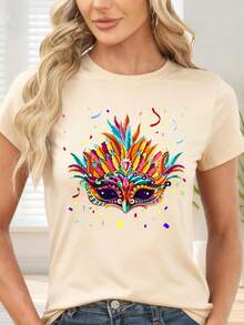 T-Shirt With Colorful Carnival Mask And Confetti Print For Parties And Themed Events - Apricot - View 6