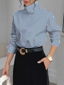女士高领肩部按扣条纹百搭衬衫，简约时尚，适合夏季 - 藍白色 - 查看 9