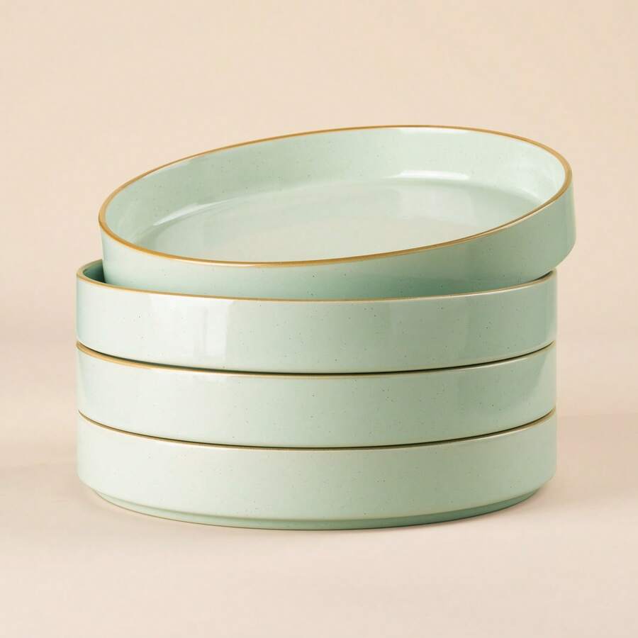 Richmount 4-Piece Stoneware Pasta Bowl Set(Set For 4) - Light Green With Brown Rim - View 1