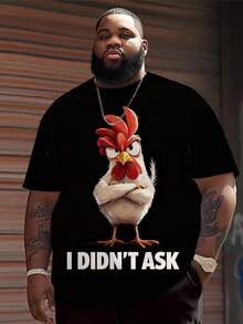 Plus Size Men's Casual Round Neck T-Shirt, Polyester Knit Fabric Comfortable & Breathable, Fashionable & Fun Cartoon Rooster "I Ain't Got No" Graphic Print, Casual Street Style Design, Novelty Personalized Top - Black - View 1