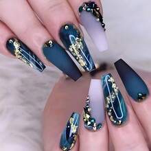 Long Marbled Fake Nails Rhinestone Coffin Dark Green Press-On Nails Acrylic False Nails With Glue Sticker (24pcs) - Black and White - View 1