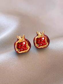 1 Cặp khuyên tai đính đá thủy tinh hình quả lựu cổ điển thanh lịch nhỏ nhắn, thiết kế độc đáo, đa năng dành cho phụ nữ đeo hàng ngày, mùa thu/đông - Màu Đỏ Sâu - Xem 8