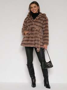 Striped Fuzzy Jacket With Fixed Hood And Waist Belt, Suitable For Winter Wear - Beige - View 2