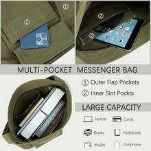 Canvas Messenger Bag Large Hobo Crossbody Bag With Multiple Pockets Canvas Shoulder Tote Bag Women And Men - 軍綠色 - 查看 5