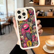 Cubierta de teléfono con borde negro diseño divertido y colorido con personajes monstruosos y billetes de dinero para uso diario en cafeterías y salas de estar Aplicable a los teléfonos de la serie Apple y Galaxy - Blanco - Ver 2