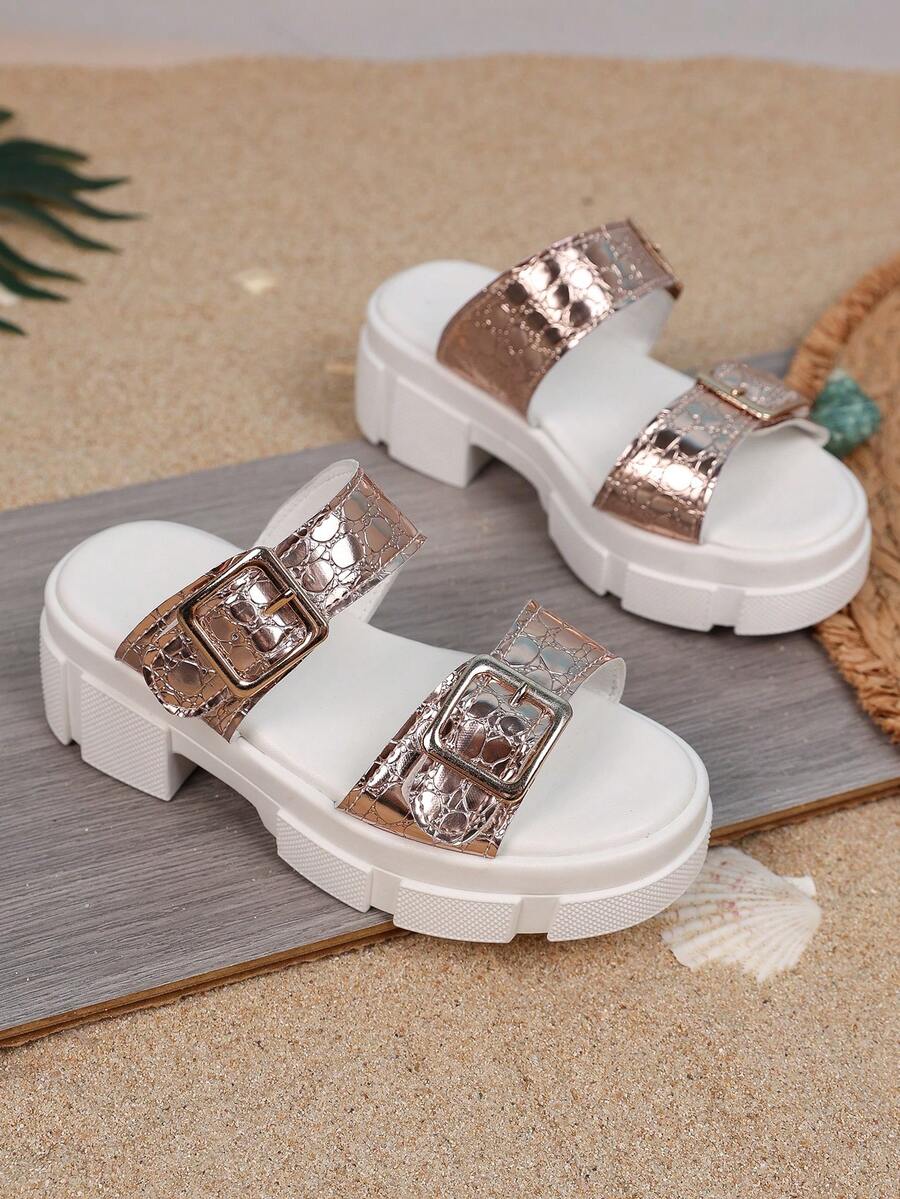 2022 Summer New Fashion Thick Sole Round Toe Open Toe Adjustable Strap Casual Sandals For Girls - Rose Gold - View 1