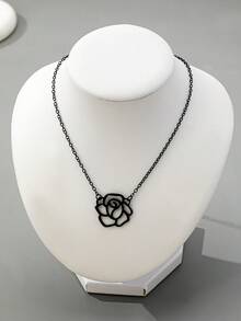 1pc Elegant Minimalist Black Rose Flower Pendant Necklace, Romantic French Style Suitable For Women's Daily, Party, Or Gift - Black - View 2