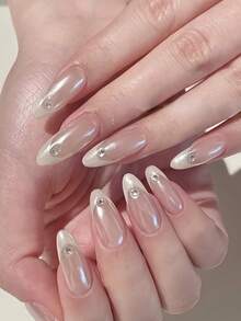 10片纯手工制作中长椭圆形美甲贴片，白色海莉法式美甲，可爱柔和闪亮优雅时尚，适合女性和女孩，春夏秋冬皆宜，节日及日常美甲用品 - 白色 - 查看 2
