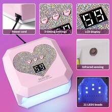 Professional UV Nail Lamp, Nail Dryer With Colorful Rhinestone Heart Shape Design, Large Capacity Gel Lamp With Cute Heart Shape Timer Setting Bottons, Quick Dry Curing Lamp With LCD Display And Auto Sensor, For Gel Nails, Gift For Christmas, For Women And Girls, For Salon & Home, Purple, Pink, White - Hồng - Xem 2