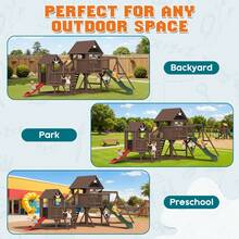 Wooden Swing Set For Kids Ages 3–8, Large Outdoor Fir Playhouse With Double Towers, Wave Slides, Swings, Climbing Wall & Ladder, Spacious Backyard Playground Structure 170.5" D X 287.4" W X 117" H - 14 In 1 - View 7