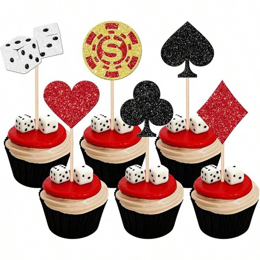 24 PCS Casino Poker Cupcake Toppers For Birthday Party Decorations - Design 4 - 查看 1
