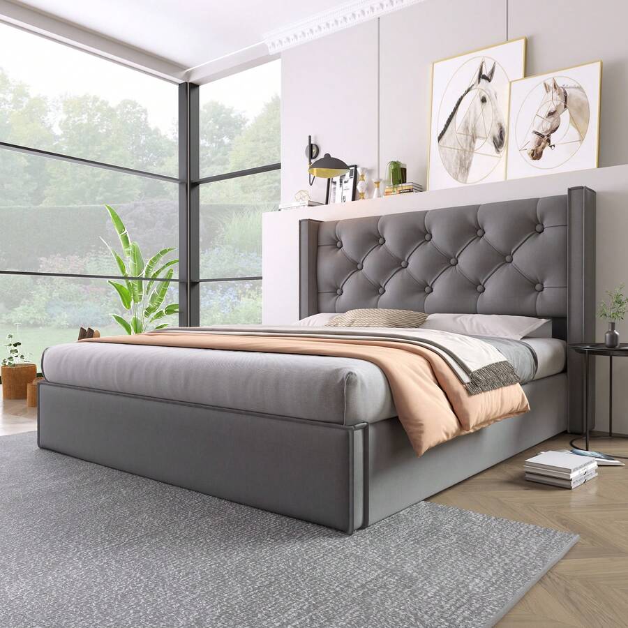 Hydraulic Double Upholstered Bed 160x200cm, Bed With Slatted Base Made Of Metal Frame, Modern Bed Frame With Storage Space, Cotton, Grey - Grey - View 1