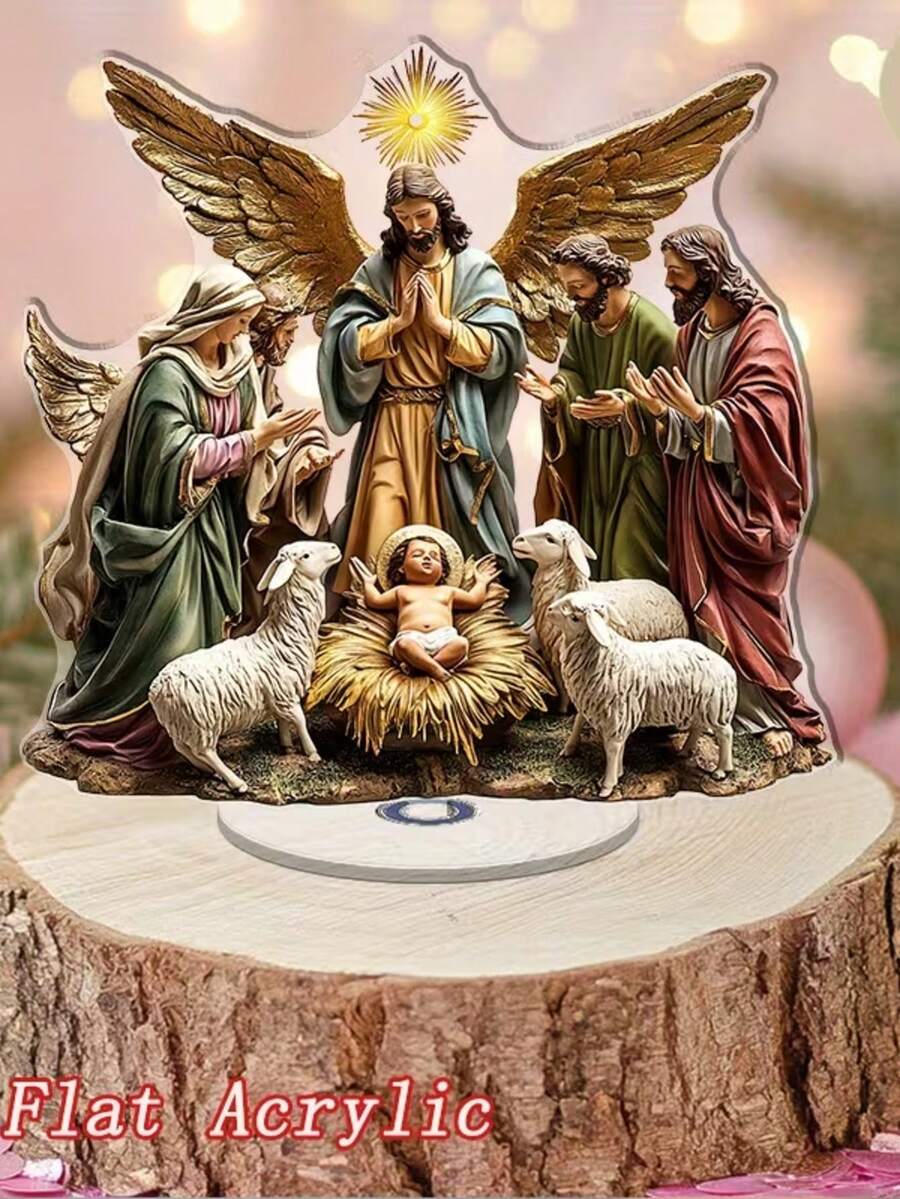 2D flach, 2D flach rotierende Acryl Weihnachtsszene Tischdekoration - Krippe Statue mit Jungfrau Maria, Josef, Jesuskind und Hirten, ohne Strom, Feiertags-Heimdekoration, religiöse Weihnachtsdekoration, Engelstatue, detailliert handgefertigt, 2D flach - Multicolor-F - Übersicht 1