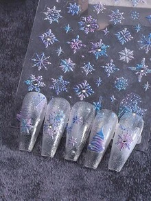 2PCS Winter Colorful Snowflakes 5D Embossed Nail Stickers With White Rhinestone Snow Flower Gradient Nail Decals DIY Decals Self-Adhesive Sliders Nail Art Decoration Manicure Supplies For Christmas New Year Nails - 彩色 - 查看 8
