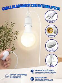 5M Enchufe de luz E26/E27, ortalámparas Soporte de Base para Lampara,base de cable de extensión de luz colgante de 5M con interruptor, soporte de lámpara enchufable, base de bombilla en espiral para escritorio, dormitorio, sala de, base de lámpara de 110 V para enchufe de luz con cable, enchufe de bombilla con base de soporte de lámpara - Blanco - Ver 3