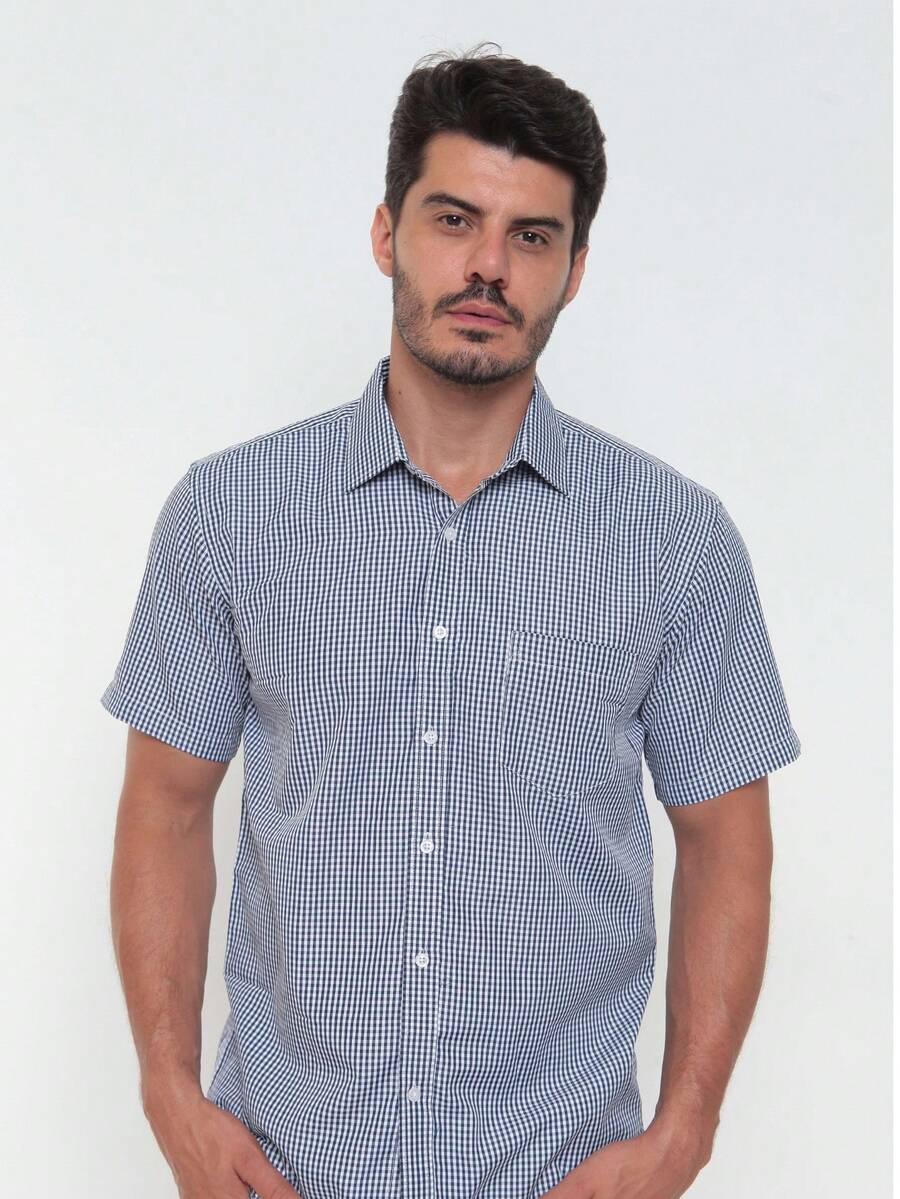 Men's Casual Slim Fit Short-Sleeved Plaid Shirt With Pockets. - Màu xanh hải quân - Xem 1