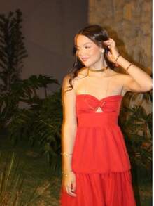 LONG DRESS WITH LAYERED RUFFLES, STRAP-FALL TWISTED AT THE BUST - Đỏ - Xem 6