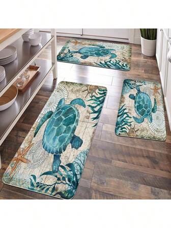 1pc Soft Plush Surface Anti-Fatigue Floor Mat, Sea Turtle Pattern, Ocean Style, Comfortable For Home, Bathroom, Kitchen Decor, Gift