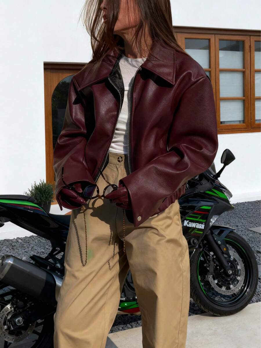 Oversized Faux Leather Jacket For Women - Multi-Color Options, Classic Lapel, Zipper Front,  Loose Fit, Chic & Edgy Outerwearhttps - 酒紅色 - 查看 1