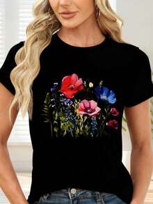 Colorful Floral Print T-Shirt For Casual Occasions And Spring - 黑色 - 查看 1