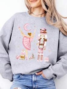 Nutcracker Ballerina Christmas Print Sweatshirt Holiday Women Casual Wear Plus-Size - 灰色 - 查看 1