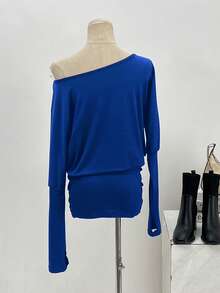 Kami Co.连衣裙，度假装，Y2K风格服装，斜领设计，单肩，长袖，仿两件式，修身连衣裙，超薄连衣裙，时尚，派对连衣裙，春夏女装，高中舞会礼服 - 藍色 - 查看 10