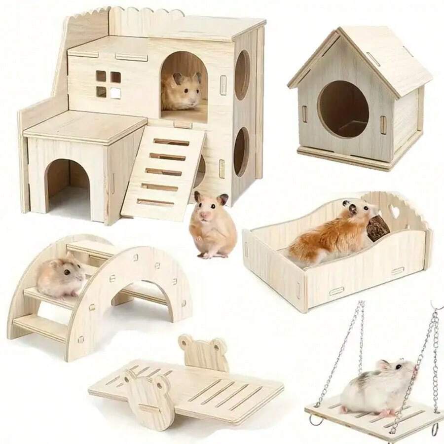 Wooden Hamster Toy Set (6 Pieces) - Natural Wood Hamster House, Swing, Climbing Ladder, Seesaw, And Exercise Wheel - Suitable For Small Animal Habitat Accessories For Hamsters, Gerbils, And Mice. - Màu be - Xem 1