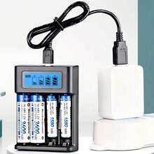 带液晶显示屏的4槽AA/AAA电池充电器，适用于游戏机、遥控器和其他设备