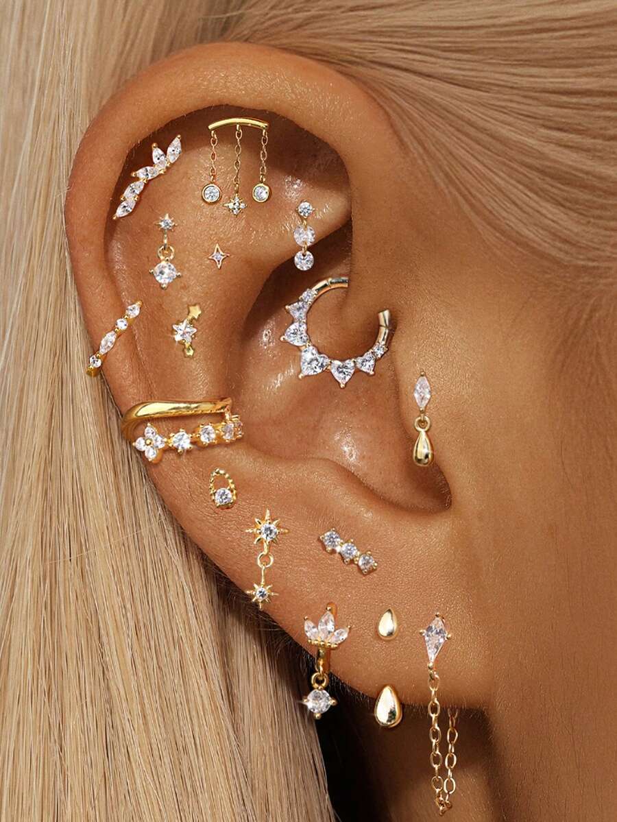 SereneSpark 1PC/2PCS Star Water Drop 925 Sterling Silver For Women Stud Earring Ear Clip Flat Back 18K Gold Plated For Daily Wear Daily Wear Wedding Party Engagement Fine Jewelry - Gold - View 1