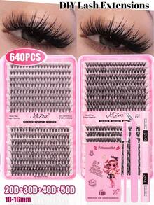 640pcs Eyelash Extension Kit, DIY Eyelash Extension Set (8-16mm), Individual Eyelash Cluster Kit, D-Curl Eyelash Extension Set, Includes Glue, Sealant And Eyelash Extension Tools, Eyelash Kit, Eyelash Cluster, Eyelash Mascara, Artificial Eyeliner (10D+20D+30D+40D+50D+60D), Suitable For Daily Use, Parties, Travel Or As Gifts For Family And Friends - 黑色 - 查看 3