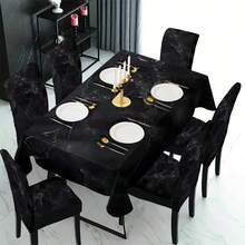 1/4/5/6/7/36 piezas Juego de fundas de asiento/cubiertas de silla con estampado de textura de mármol negro falso de estilo vintage, adecuado para interiores, comedor, hotel, opción ideal para decoración diaria moderna. El mantel se ajusta a la mesa de comedor cuadrada, las fundas de silla elásticas son lavables. - Multicolor - Ver 2