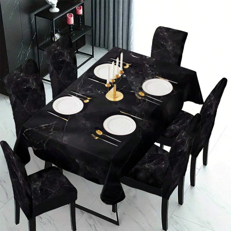 1/4/5/6/7/36 piezas Juego de fundas de asiento/cubiertas de silla con estampado de textura de mármol negro falso de estilo vintage, adecuado para interiores, comedor, hotel, opción ideal para decoración diaria moderna. El mantel se ajusta a la mesa de comedor cuadrada, las fundas de silla elásticas son lavables.