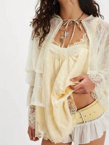 Womens Lace Trim Flowy Tank Top Boho Lace V Neck Sleeveless Camisole Tops Backless Beach Vacation Going Out Vest - Màu vàng - Xem 3