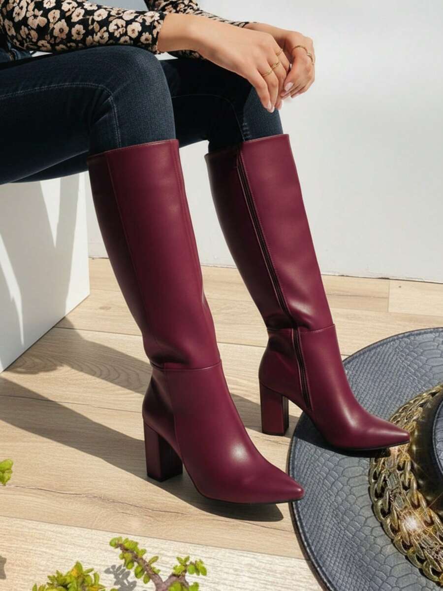 Bota a la rodilla de mujer lisas elegantes botas de taconpara dama calzado de moda suela antideslizante acojinadas botas para fiestas festivales texanas preppy elegantes lujo casuales botas womens boots shoes zapatos Willows Liso Cowboy Cremallera lateral Vacaciones - Burdeos - Ver 1