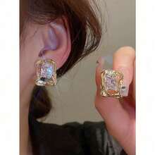 1pair New High-End Small Rhinestone Decor Daily Fashion Stud Earrings For Women - 金黃色 - 查看 6