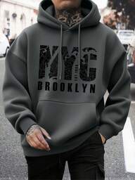 プレッピー調レタリング メンズカジュアルストリートパーカー、紐付きポケット、スローガンプリント、春秋、長袖トップス