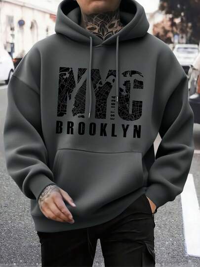 学院风男式休闲街头连帽衫，抽绳口袋，标语印花，春秋季