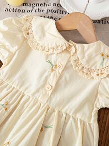 1 件女童刺绣短袖连衣裙，休闲优雅荷叶边领连衣裙，适合幼儿和小女孩，夏季