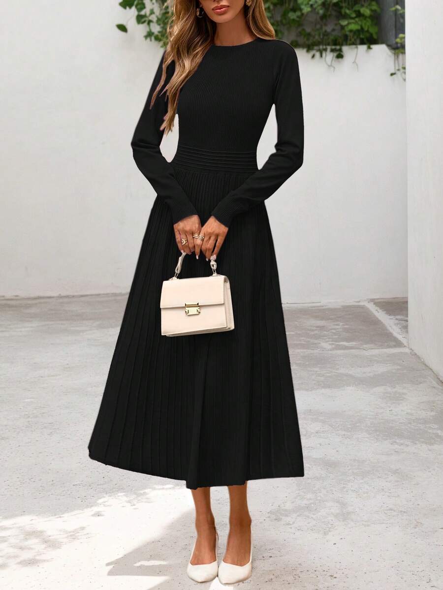 Women's Long Sleeve Midi Sweater Dress Fall Crewneck Knit A Line Pleated Wedding Guest Winter Dresses - 黑色 - 查看 1